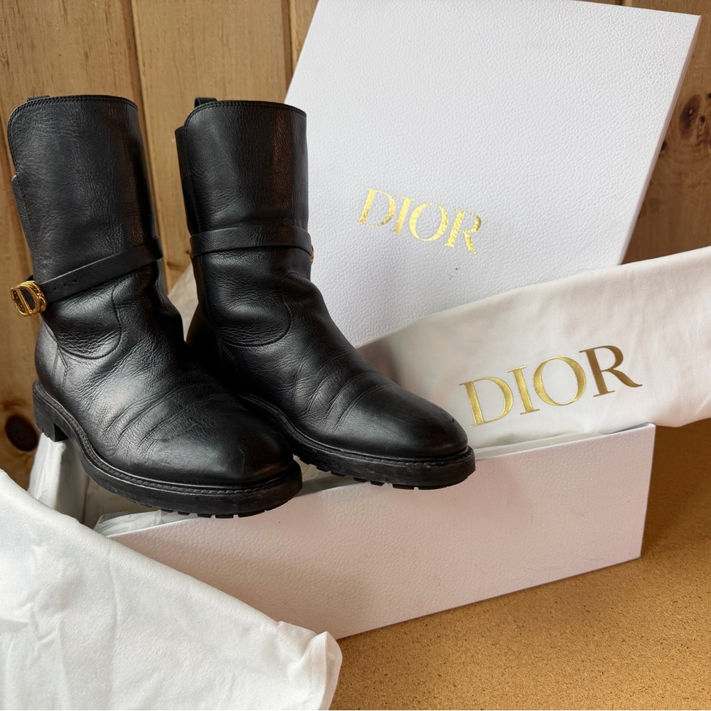 DIOR | Black Leather Ankle Boot with Gold Buckle